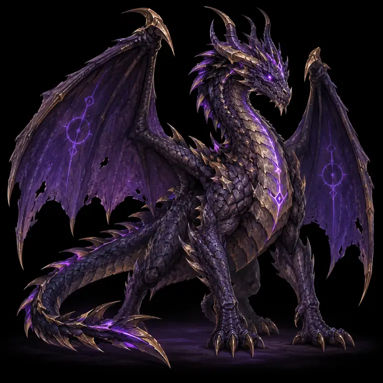 Concept art of a purple-scaled dragon with gold-tipped wings.