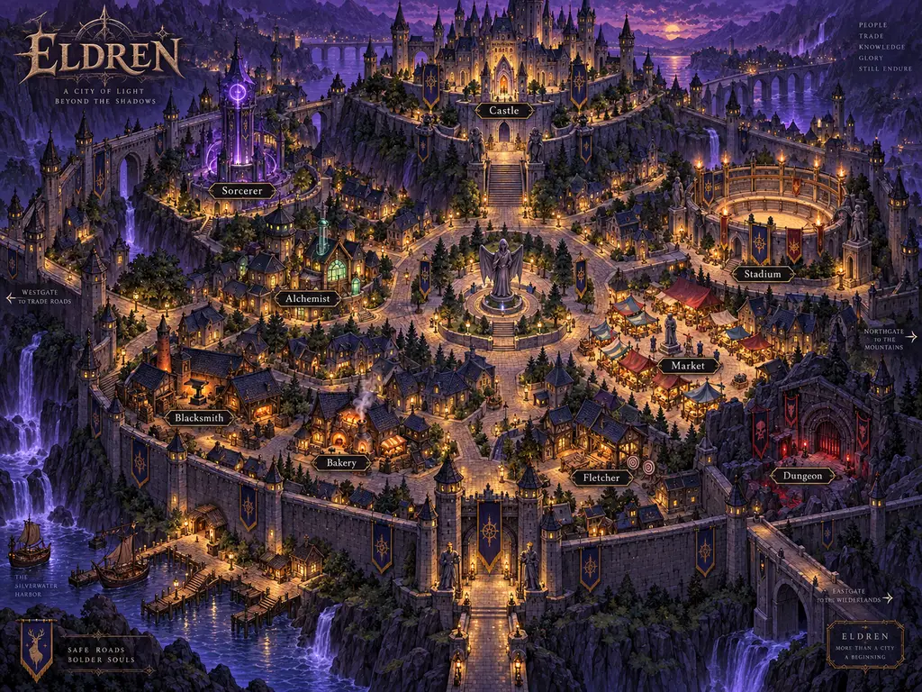 Illustrated concept map of the fantasy city of Eldren, with labelled districts around a central keep and dungeon gate.
