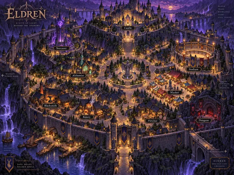Illustrated concept map of the fantasy city of Eldren, with labelled districts around a central keep and dungeon gate.