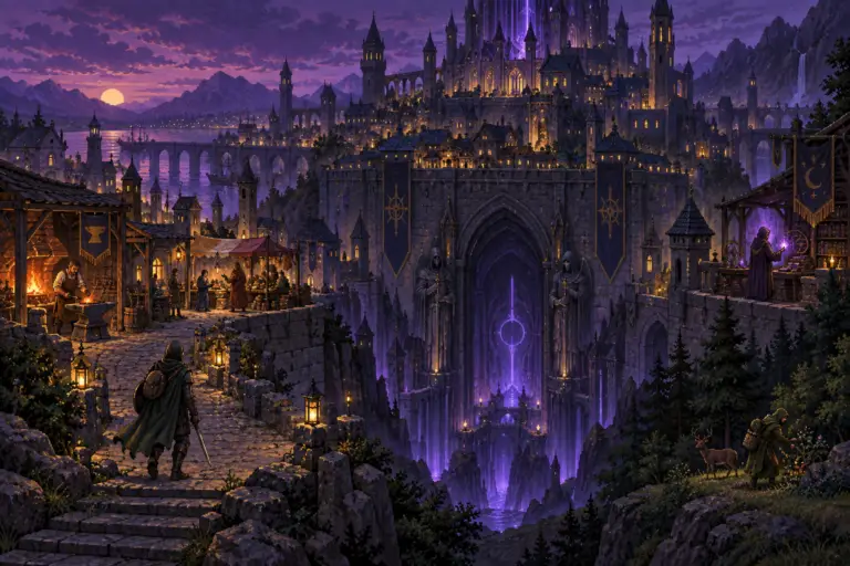 Adventurer approaching the violet-lit dungeon beneath the fantasy city of Eldren.