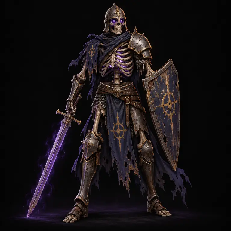 Concept art of an armored skeleton warrior with a glowing purple sword and shield.