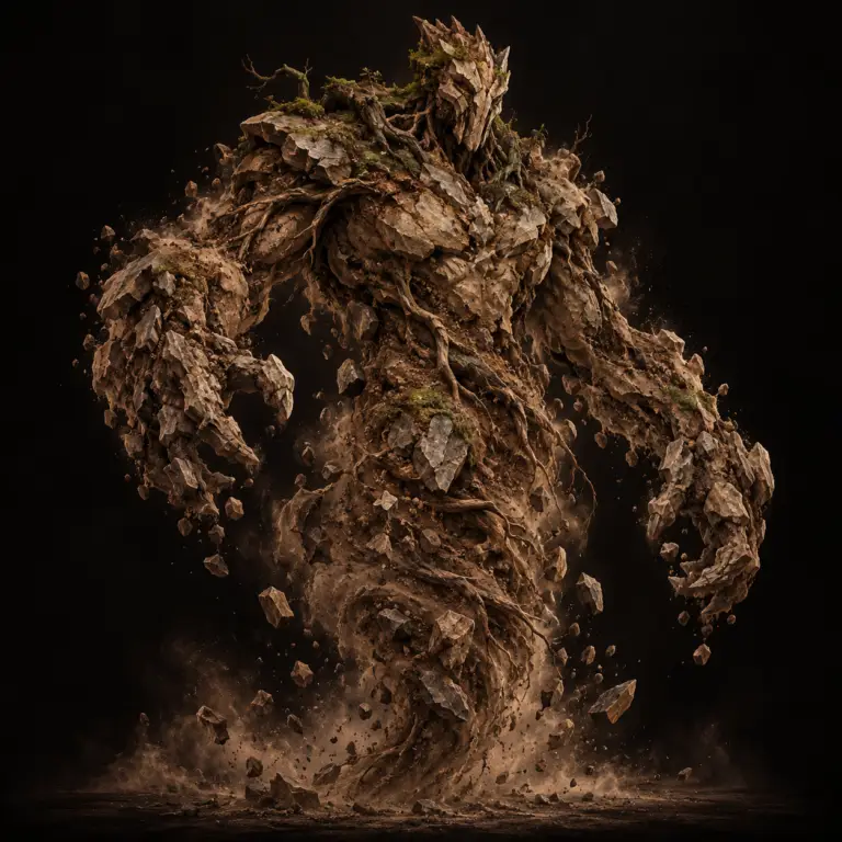 Concept art of an earth elemental, a hulking humanoid figure made of packed soil, roots and crumbling stone.