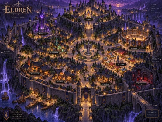 Illustrated concept map of the fantasy city of Eldren, with labelled districts around a central keep and dungeon gate.