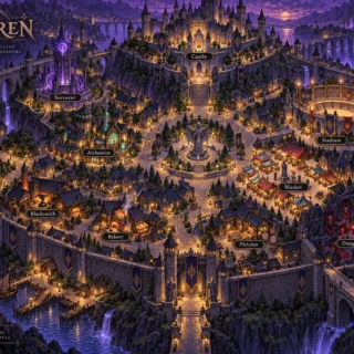 City map of Eldren · concept art, not gameplay Illustrated concept map of the fantasy city of Eldren, with labelled districts around a central keep and dungeon gate.