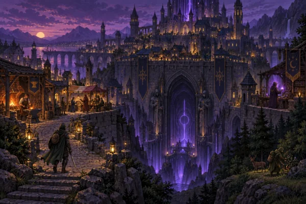 Adventurer approaching the violet-lit dungeon beneath the fantasy city of Eldren.