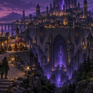 The gate of Eldren · concept art, not gameplay Adventurer approaching the violet-lit dungeon beneath the fantasy city of Eldren.