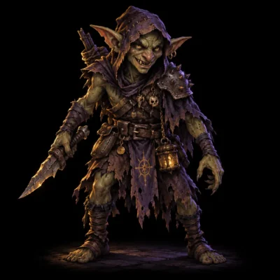 Concept art of a hooded goblin carrying a lantern and a jagged blade.