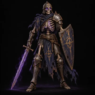 Concept art of an armored skeleton warrior with a glowing purple sword and shield.