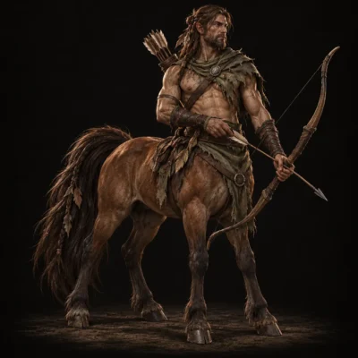 Concept art of a centaur with a brown horse body and a bare-chested human torso, holding a bow with a quiver of arrows on his back.