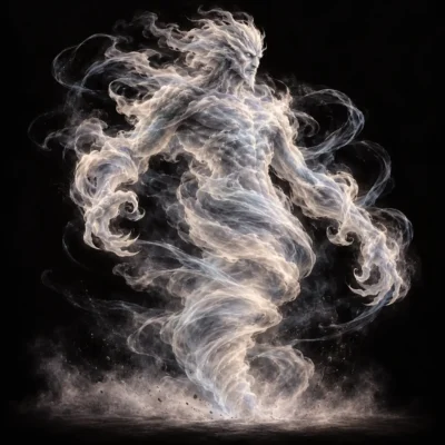 Concept art of an air elemental, a humanoid figure formed from swirling white wisps of wind and mist.