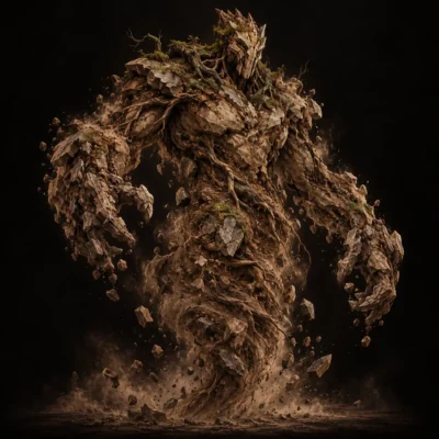 Concept art of an earth elemental, a hulking humanoid figure made of packed soil, roots and crumbling stone.