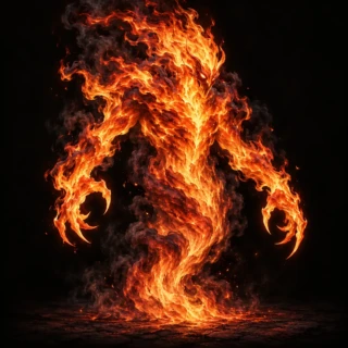 Fire Elemental · Eldren concept art, not gameplay Concept art of a fire elemental, a humanoid figure of roaring orange flames with clawed hands.