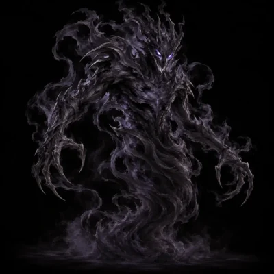 Concept art of a shadow elemental, a dark humanoid form of drifting black and violet smoke with glowing eyes.