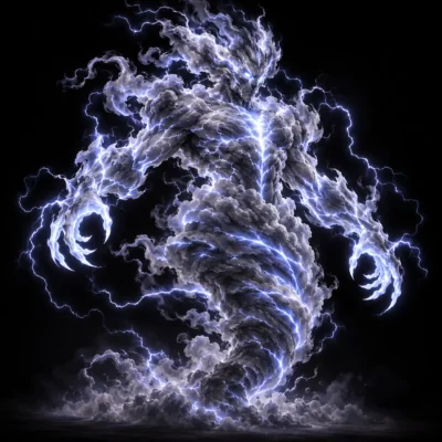 Concept art of a storm elemental, a humanoid figure of swirling cloud crackling with blue-white lightning.