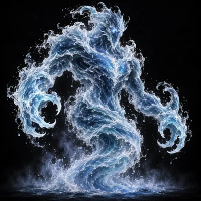 Concept art of a water elemental, a humanoid figure of curling blue waves and spray.