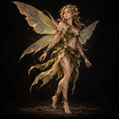 Concept art of a fairy with translucent green-gold wings, pointed ears and a dress of leaves, walking barefoot.
