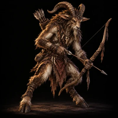 Concept art of a goatman archer with curled horns and shaggy fur, drawing a bow and wearing tattered leather.