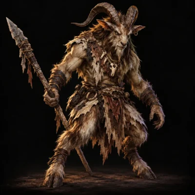 Concept art of a goatman warrior with curled horns and shaggy fur, holding a spear and wearing ragged leather.