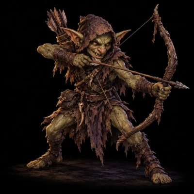 Concept art of a hooded green goblin archer drawing a bow, dressed in ragged leather.