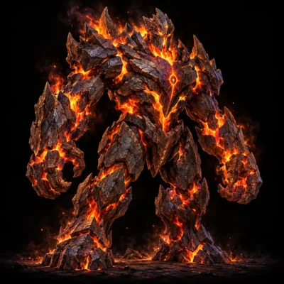 Concept art of a fire golem, a hulking figure of dark rock split by glowing lava.