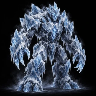 Ice Golem · Eldren concept art, not gameplay Concept art of an ice golem, a hulking figure built from jagged blue crystals.