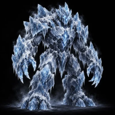 Concept art of an ice golem, a hulking figure built from jagged blue crystals.