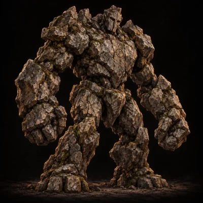 Concept art of a rock golem, a massive humanoid figure made of stacked boulders and cracked stone.
