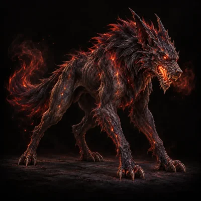 Concept art of a hellhound, a lean red and black wolf-like beast with glowing eyes and trailing embers.