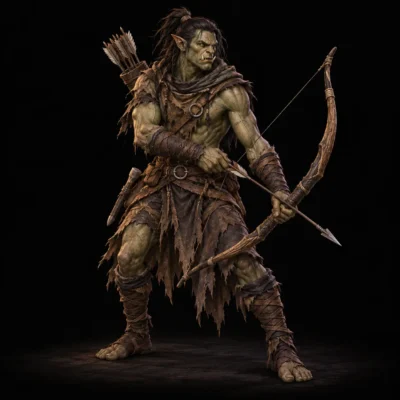 Concept art of a green-skinned orc archer with a bow and quiver, wearing leather and cloth.