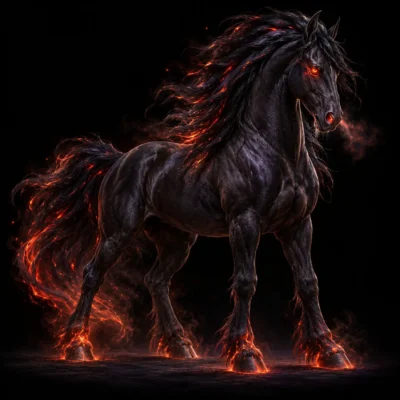 Concept art of a black horse with a flaming red mane, glowing eyes and ember-lit hooves.