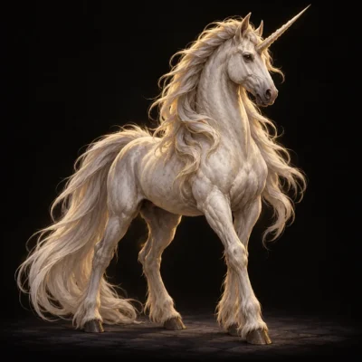 Concept art of a white unicorn with a long golden mane and a spiralled horn.