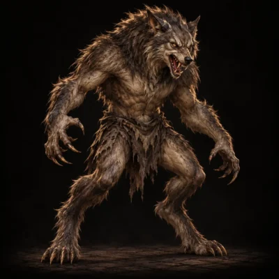 Concept art of a hunched, fur-covered werewolf with a snarling wolf head and clawed hands.