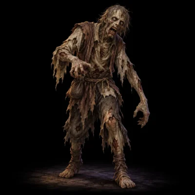 Concept art of a shambling zombie in tattered clothes with decayed grey-green skin.